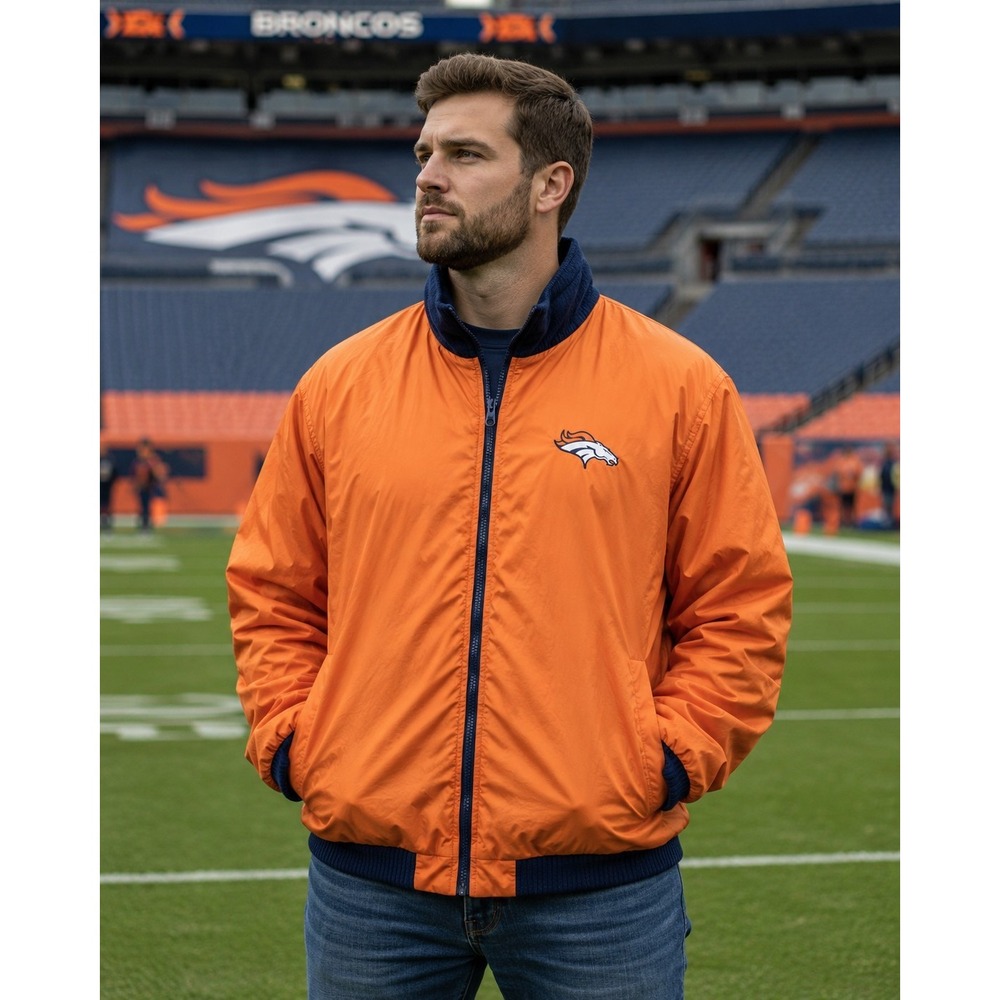 DENVER BRONCOS Game Gear Men's Large Reversible Orange Blue Jacket NFL -1642